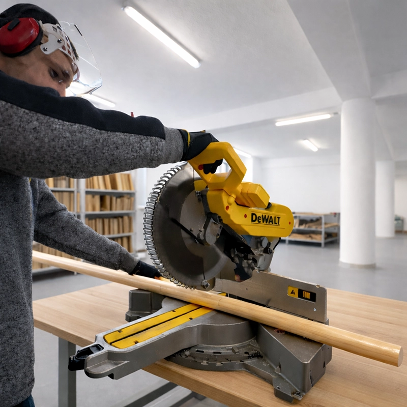 Řezání dřevěné garnýžové tyče na pile